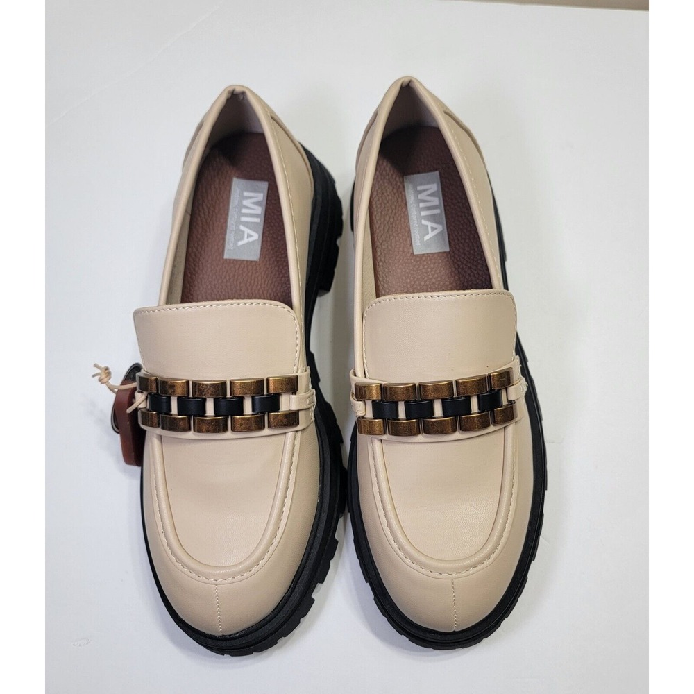 NEW MIA Beige Bronze Chain Slip-On Oxford Chunky Platforms Preppy 8.5 Y2K Academ - Picture 2 of 16